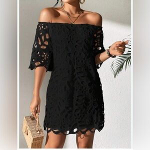 Modern Aesthetic Black Off-Shoulder Dress Small Cut Out Floral
